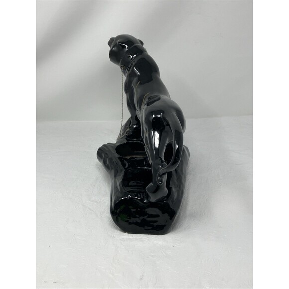 50s Mid Century Ceramic Black Panther Planter with Green Rhinestone Eyes & Chain - Picture 11 of 16